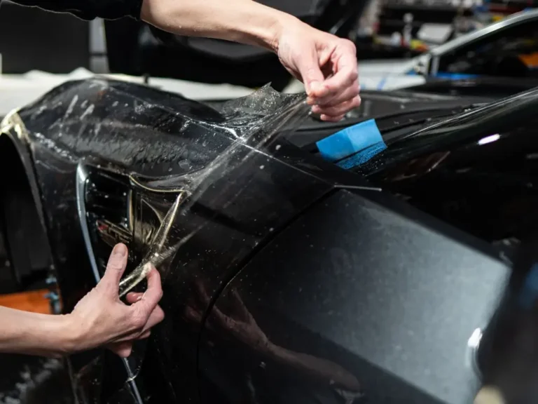 Instalador alisando lámina de PPF con rasqueta sobre un coche negro