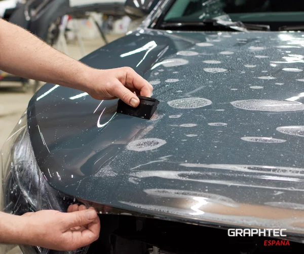 Aplicación de lámina PPF sobre la pintura gris de un coche