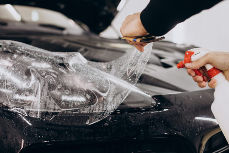Instalador aplicando lámina de PPF transparente sobre un coche